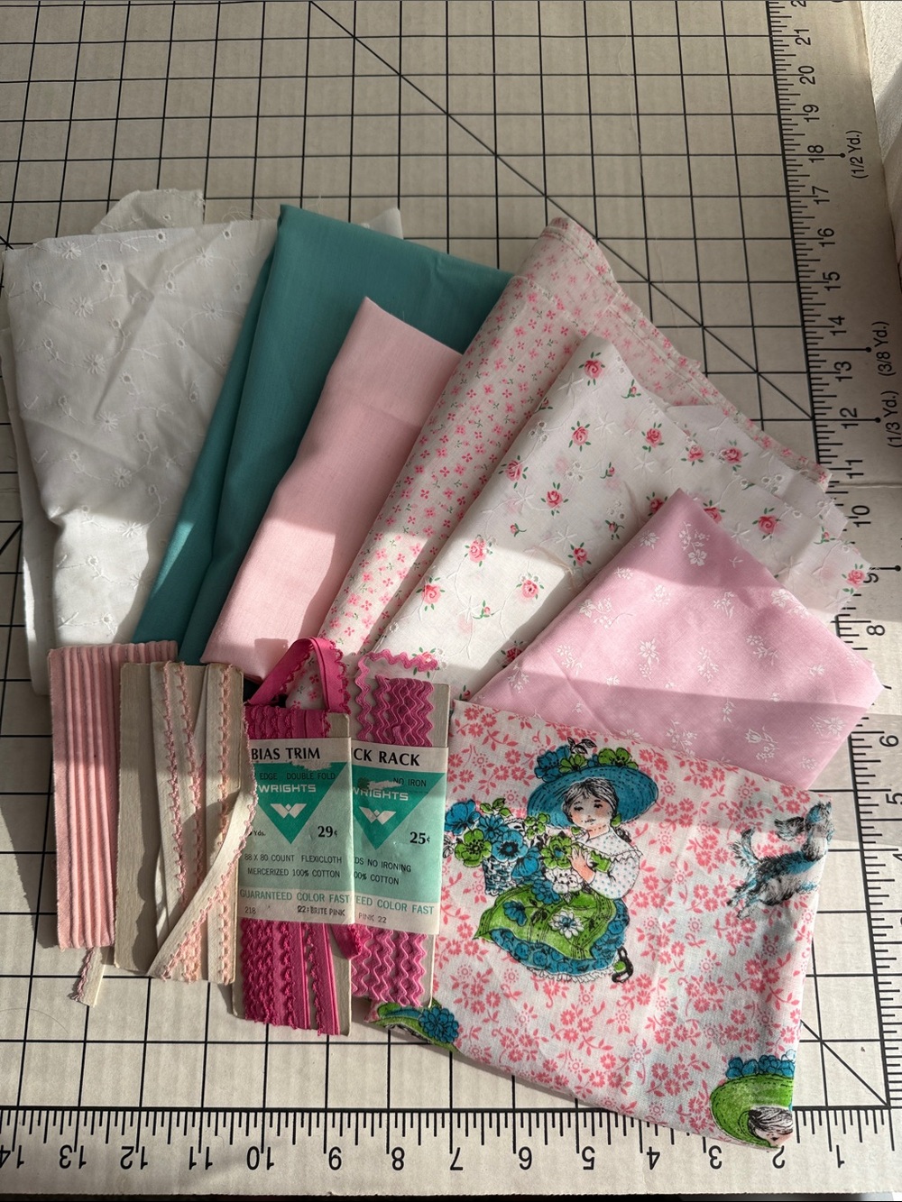 Vintage Pink Fabric Remnant Lot Eyelet Floral Holly Hobbie Style + Wright’s Trim